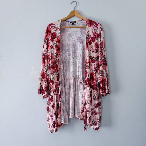 Torrid Pink Floral Tie-Front Peplum Cardigan – 6X | Boho Floral Layering Kimono - Picture 2 of 7